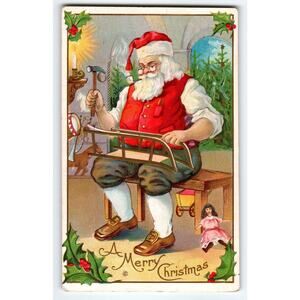 Santa Claus Postcard Making Sled Toy Dolls Christmas Greeting Stecher Series 227